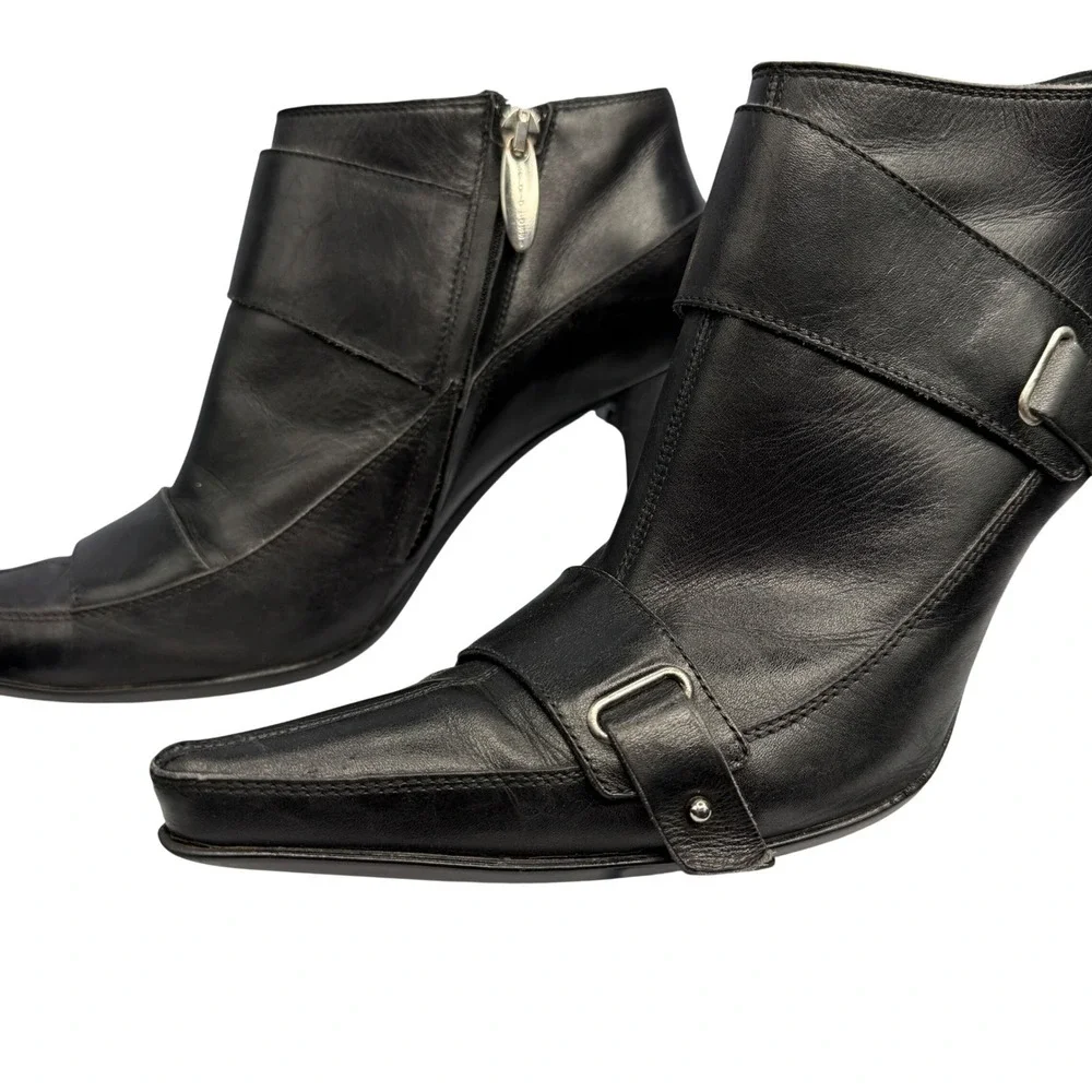 Sergio Rossi Black Leather Pointed Toe Buckle Ankle Boots Heels Size 9 US